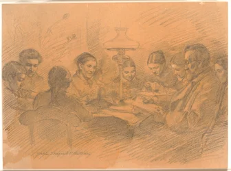 Die Familie Johan Lange versammelt sich um die Lampe