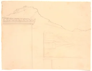 Aussicht auf Gebäude auf einem Felsvorsprung; im Vordergrund links eine Hausecke