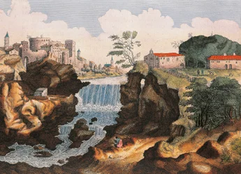 Aniene-Wasserfall in Tivoli (Rom) aus Civitatis Admirandorum Italiae von Joan Blaeu