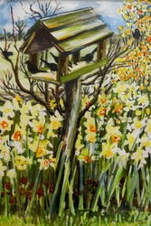 Narzissen und Vögel im Vogelhaus, 2000 (Gouache)