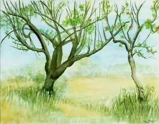 Frühlingslandschaft mit zwei Bäumen