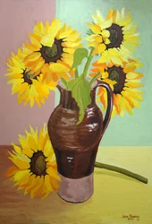 Fünf Sonnenblumen in einem hohen braunen Krug, 2007 (Gouache)