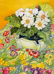 Blasse Primel im Topf mit frühlingsblumengemustertem Stoff, 2000