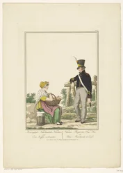 Stehender Soldat mit sitzender Kaffeeverkäuferin