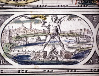 Darstellung der Sieben Weltwunder der Antike: der Koloss von Rhodos. im Atlas von Jansson Jannsonius, gedruckt in Amsterdam im Jahr 1630. Private Sammlung