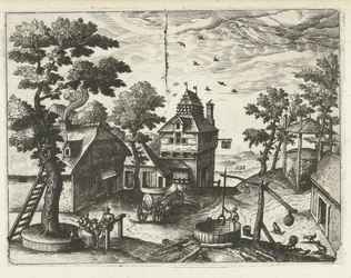 Gasthaus mit Wasserbrunnen (Landschaften, Seestücke und fantasievolle Stadtansichten)