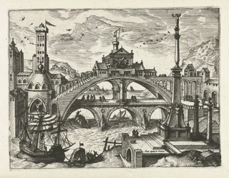 Stadt mit bebauter Brücke