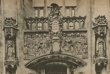 Steinschnitzerei unter dem Middlesex-Wappen im Guildhall, Westminster, ca. 1935