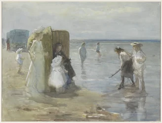 Ansicht entlang der Flutlinie am Strand von Scheveningen, mit zwei Damen und Kindern