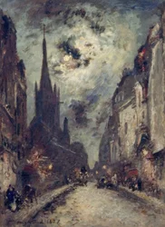 Die Rue St. Jacques mit der Kirche St. Séverin bei Mondschein