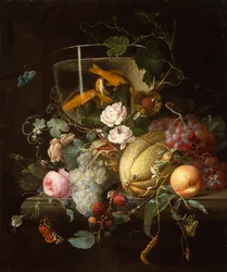 Ein Goldfischglas, Rosen, Früchte und Nüsse mit Insekten auf einem Stein Sims