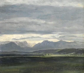 Studie einer Landschaft mit himmelblauem Himmel über Bergen