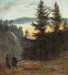 Zwei Männer vor einem Wasserfall bei Sonnenuntergang