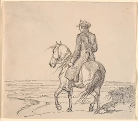 Ein Reiter schräg von hinten gesehen, reitend in eine weite Landschaft
