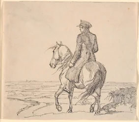 Ein Reiter schräg von hinten gesehen, reitend in eine weite Landschaft
