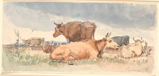 Landschaft mit drei liegenden und drei stehenden Kühen