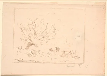 Marklandschaft mit einer Weide bei großen Steinen, einem Hahn, einem Pflug und drei Kühen