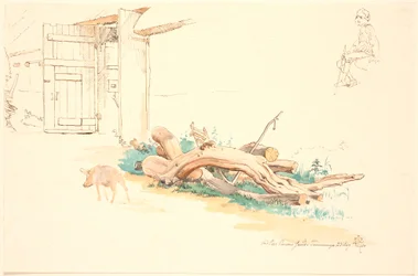 Einige Baumstämme und ein Schwein vor einem Scheunentor, oben rechts Studie eines sitzenden Hirten