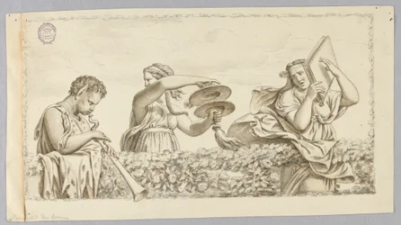 Ein Satyrjunge spielt Flöte, ein Mädchen mit Zimbeln, eine Frau mit einem Buch