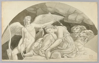 Amor weckt Psyche auf, die vom Inhalt der von Proserpina gefüllten Vase überwältigt ist