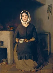 Sitzende Frau in einer Bauernküche