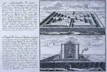 Das Labyrinth auf Kreta und der Tempel der Venus, Paphos, Zypern, beide entnommen aus Entwürfen auf antiken römischen Münzen aus 