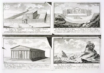 Ansichten von vier klassischen Gebäuden: Der Tempel des Olympischen Zeus, das Dionysostheater in Athen, der Athenatempel in Athen und ein Tempel in Korinth, aus Entwurf einer historischen Architektur