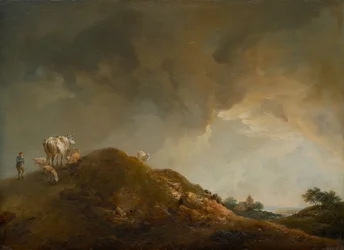 Hügellandschaft mit Kühen und Schafen