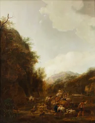 Gebirgslandschaft mit Hirten und Vieh am Tränketrog