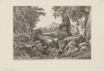 Felsige Landschaft mit einem gehenden Hirten links