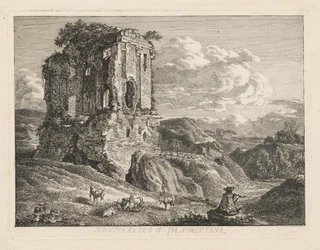 Landschaft mit antikem Grabmal, rechts Ziegen und ein Hirte, der auf einer Flöte spielt