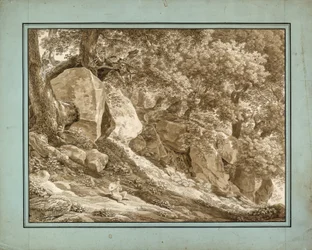 Felsige Landschaft mit Pan, der seine Flöte spielt