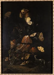 Blumen mit Schmetterlingen und Eidechse