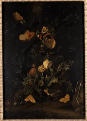 Blumen mit Schmetterlingen und Kröte