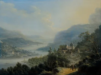 Weitläufige rheinische Landschaft mit Reisenden auf einer Straße bei einer Burg