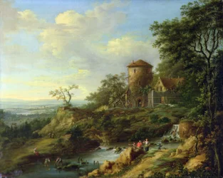 Rheinische Landschaft mit Fischern in der Nähe eines Turms