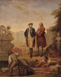 König Friedrich II. von Preußen (1712-86) und der Marquis von Argens (1704-1771) inspizieren den Bau von Sanssouci in Potsdam