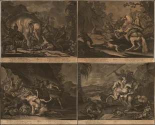 Ca. 1770 allegorische Mezzotintos von Afrika, Asien, Amerika und Europa auf einer Seite