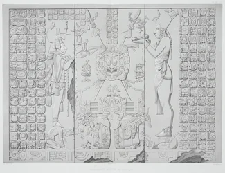 Relief, das einen Priester mit Opfergaben aus dem Heiligtum des Sonnentempels in Palenque darstellt, Tafeln 29 und 30 aus Ancient Monuments of Mexico, graviert von Werner, 1866