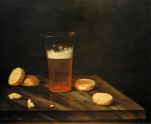 Stillleben mit Bierglas und Brötchen