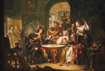 Ein Gentleman betrügt beim Kartenspiel mit einer älteren Dame in einem prächtigen Interieur