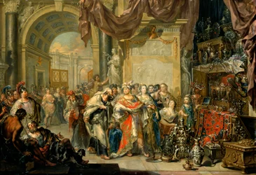 Krösus (596-546 v. Chr.) zeigt Solon (640-558 v. Chr.) seine Schätze. Werk von Johann Georg Platzer (1704-1761). Staatliche Kunstsammlung, Dresden