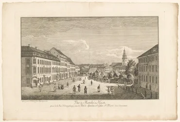 Ansicht des Hackescher Markts in Berlin, mit der Marienkirche im Hintergrund