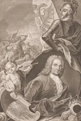 Brustbild des Malers Georg Philipp Rugendas mit Schlachtenszene im Hintergrund