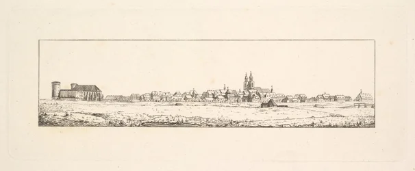 Ansicht einer alten Stadt mit einer Kirche und hohen Giebelhäusern