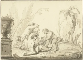 Allegorische Darstellung mit Kindern mit einem Korb voller Blumen