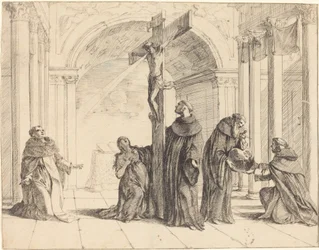 Ein Kruzifix in einer Kirche mit den Heiligen Thomas von Aquin, Maria Magdalena, Albertus Magnus und anderen