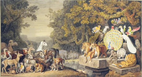 Der Hof der Tiere, Illustration von Canto IV von Goethes "Reineke Fuchs"