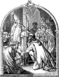 Taufe des Sachsenführers Widukind. Illustration aus der Geschichte des deutschen Volkes von E. Duller, 1840