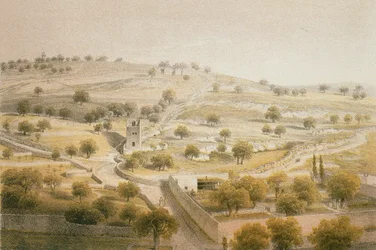 Gethsemane, Ölberg. Radierung von Bernatz et alii - Steinkopk J.F. Editore